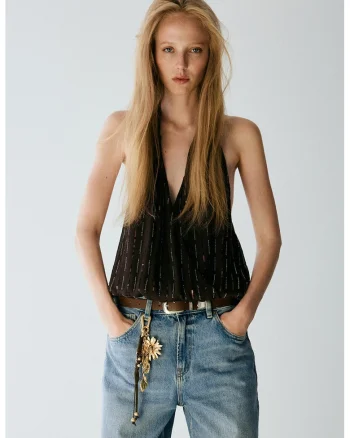 Top halter cu paiete, Maro inchis