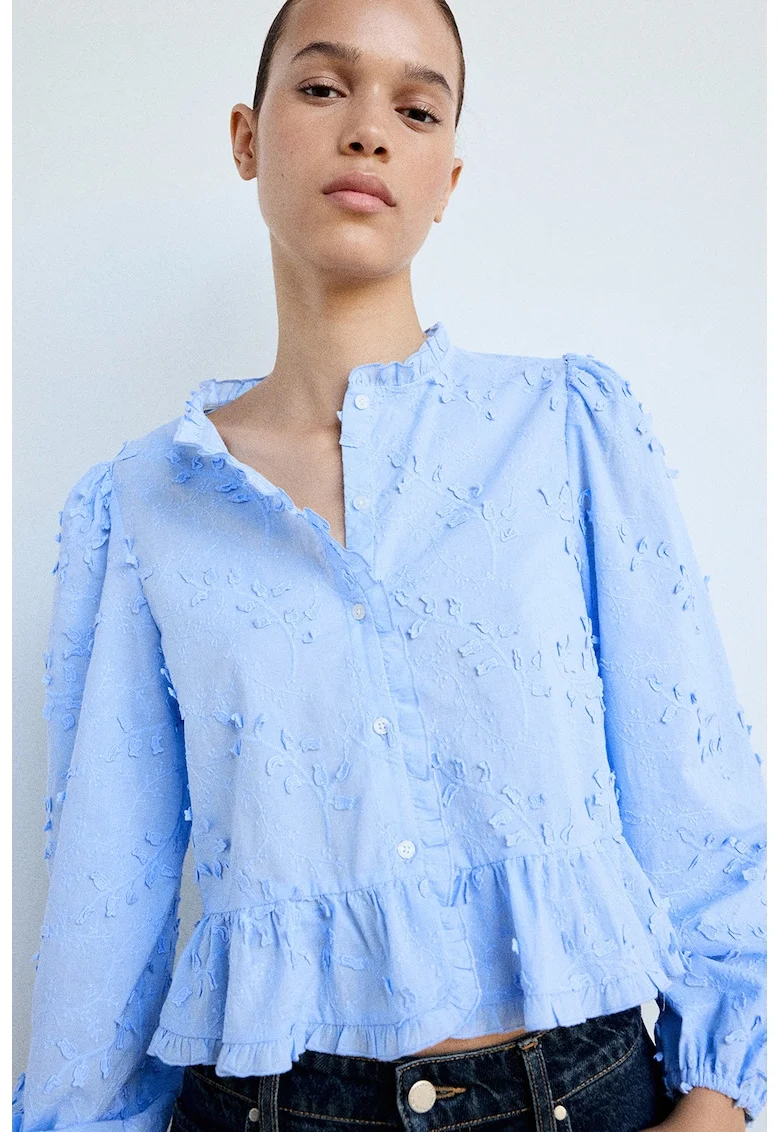 Camasa crop cu broderie, Albastru azur