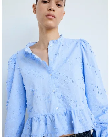 Camasa crop cu broderie, Albastru azur