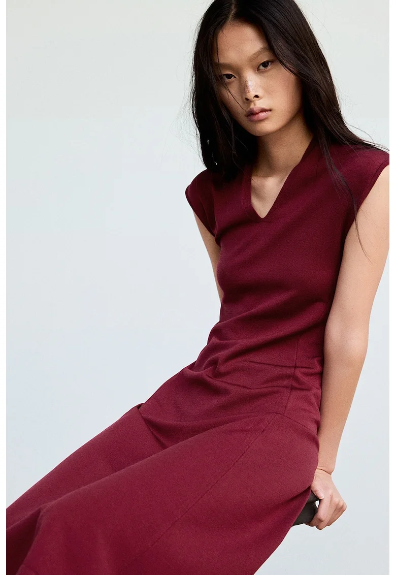 Rochie midi cu decolteu in V, Visiniu