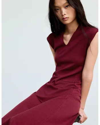 Rochie midi cu decolteu in V, Visiniu