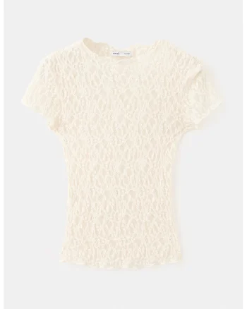 Tricou cu decolteu la baza gatului si dantela crosetata, Bej deschis