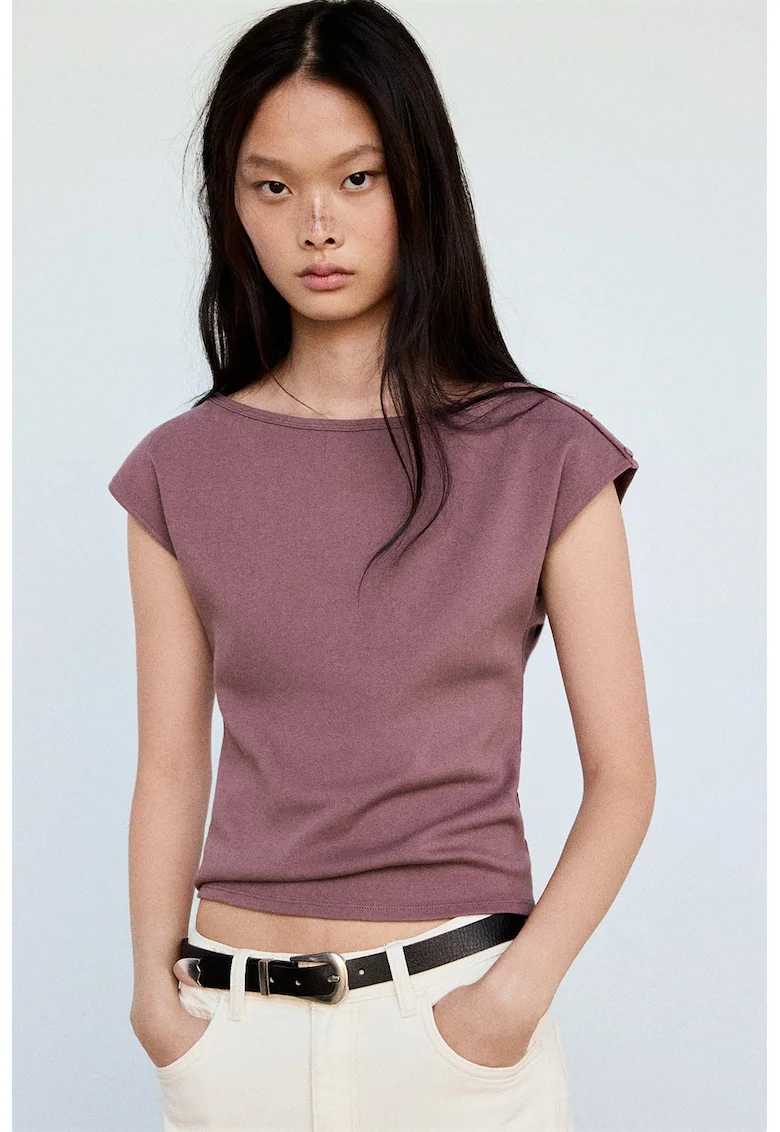 Tricou de bumbac cu decolteu barcuta, Violet prafuit