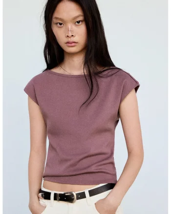 Tricou de bumbac cu decolteu barcuta, Violet prafuit