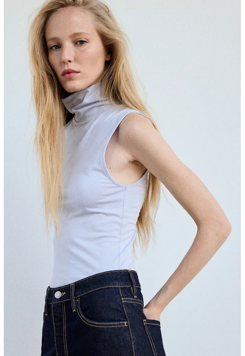 Top cu guler inalt din amestec de modal, Albastru pastel