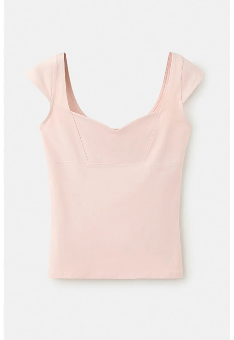 Tricou slim fit cu decolteu sweetheart, Nude rose