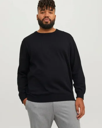 Plus Pulover tricotat barbati big sizes, din bumbac organic, cu decolteu la baza gatului, Regular Fit, JJEBASIC, Negru,