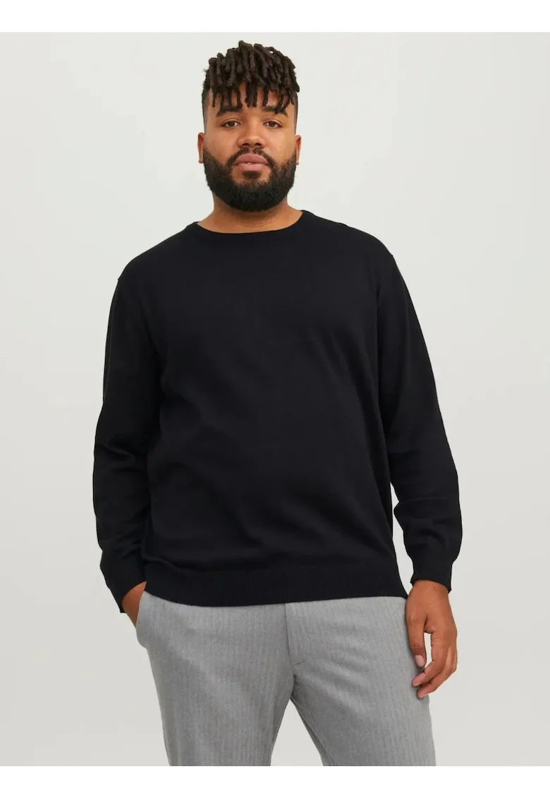 Plus Pulover tricotat barbati big sizes, din bumbac organic, cu decolteu la baza gatului, Regular Fit, JJEBASIC, Negru,