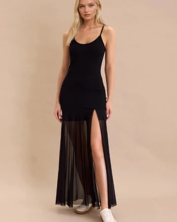 Rochie dama maxi  Chocolate, fibra de bambus, bretele reglabile, top mulat, fusta din tul evazat, slit inalt pe coapsa, viscoza/elastan, Maro ciocolatiu