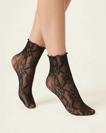 Sosete tip dres,  F30, negru, marime universala, model cu plasa transparenta si model decorativ