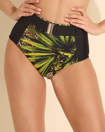 Slip de baie  Tropical, cu talie inalta, Lycra italiana, cu imprimeu tropical cu frunze si leopard, Tropical
