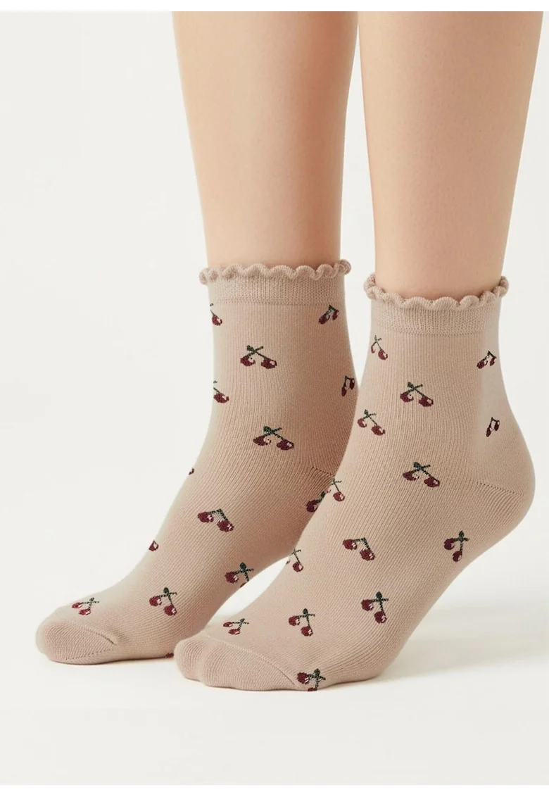 Sosete din bumbac,  Scp Very Cherry, bej, cu motiv de cirese si margine picot