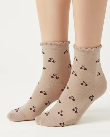 Sosete din bumbac,  Scp Very Cherry, bej, cu motiv de cirese si margine picot