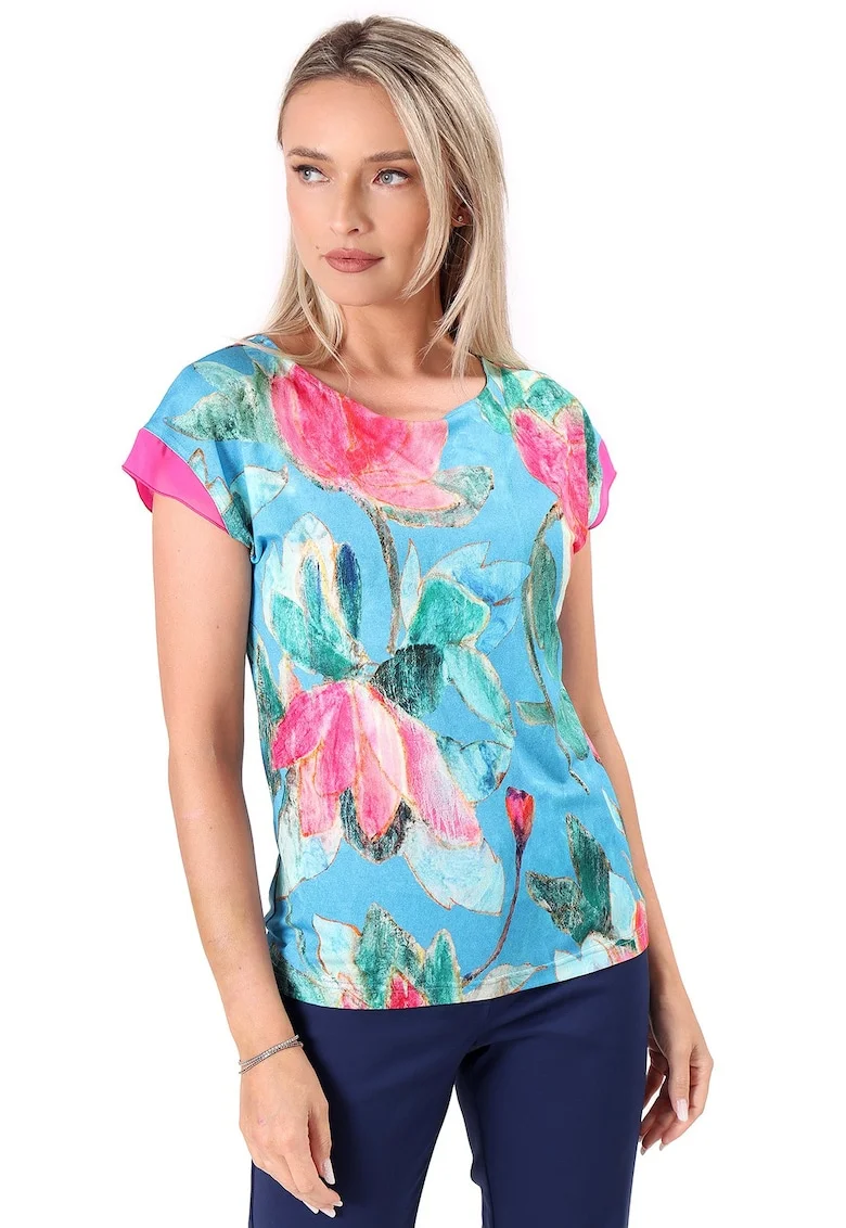 Bluza eleganta din jerse elastic imprimat cu motive florale TJC-6V, Albastru