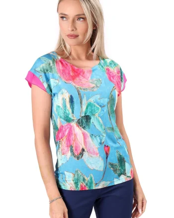 Bluza eleganta din jerse elastic imprimat cu motive florale TJC-6V, Albastru