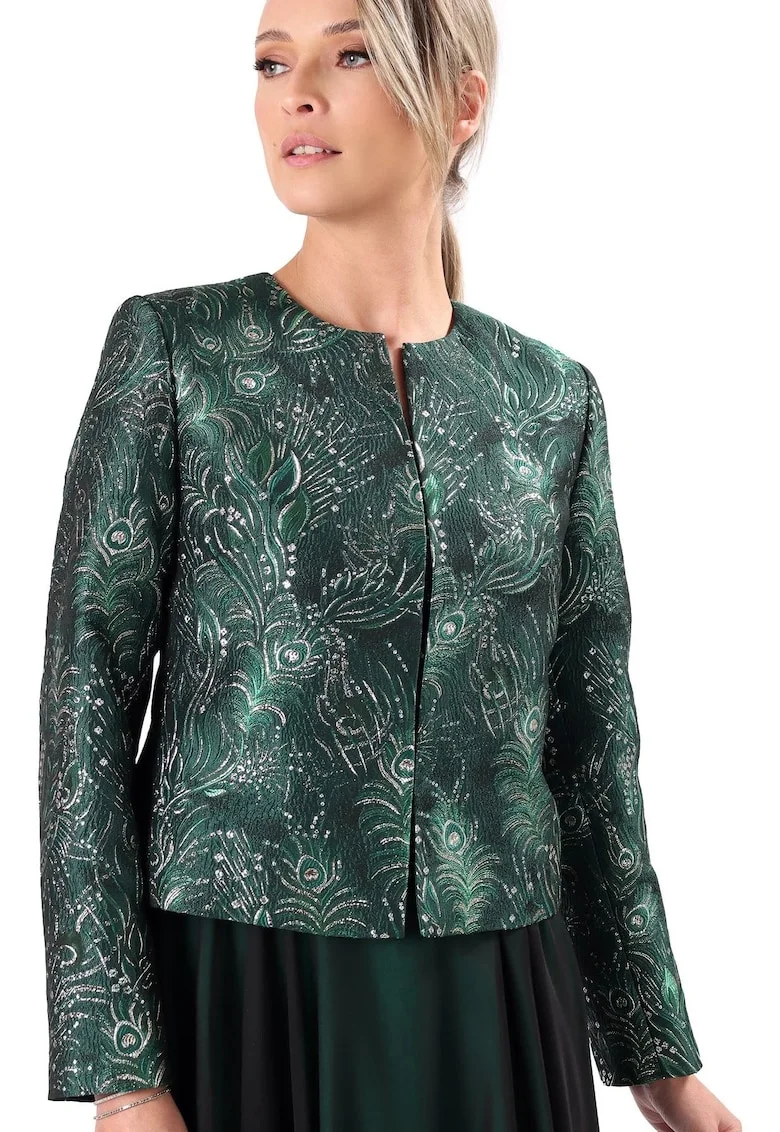 Sacou de ocazie din brocard cu fir metalic si motive florale SUB-RG, Verde