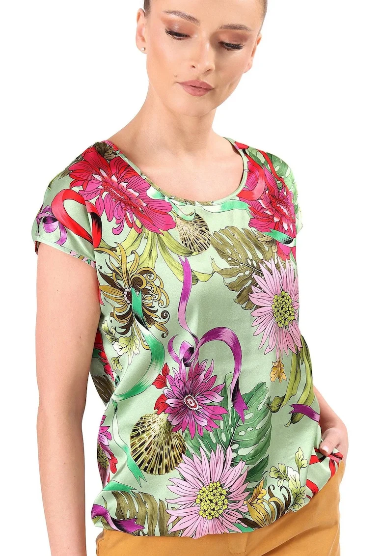Bluza lejera din viscoza satinata imprimata cu motive florale BJV-B3, Verde