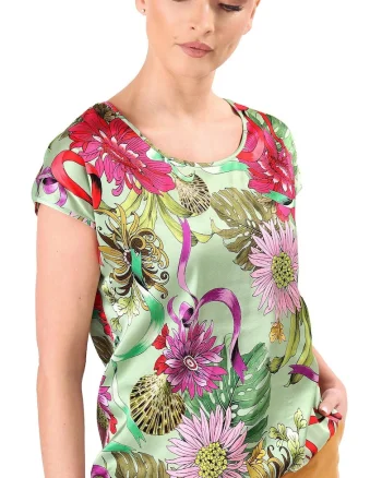 Bluza lejera din viscoza satinata imprimata cu motive florale BJV-B3, Verde