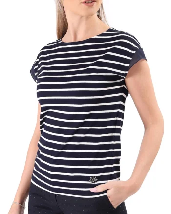 Bluza din jerse elastic imprimat cu dungi TJC-5S, Bleumarin