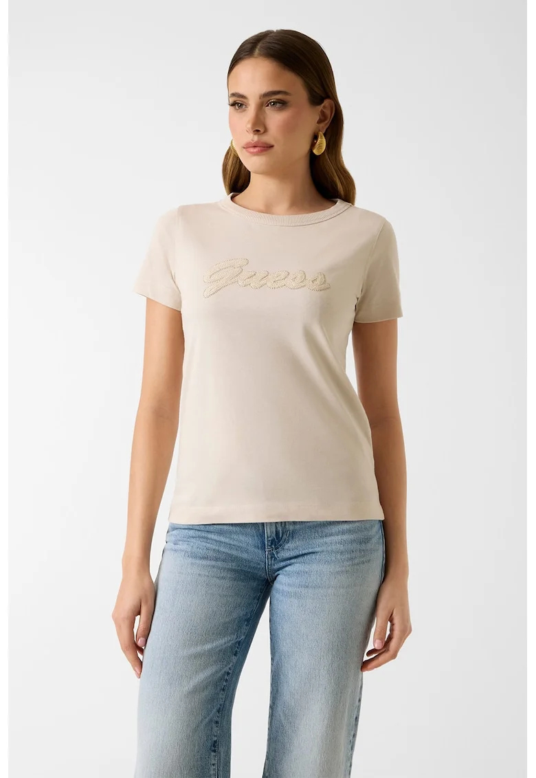 Tricou de bumbac cu logo brodat, Bej