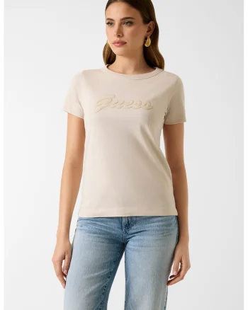 Tricou de bumbac cu logo brodat, Bej