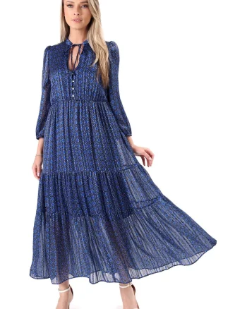 Rochie lunga cu volane din voal cu fir de lurex RWE-WA, Bleumarin