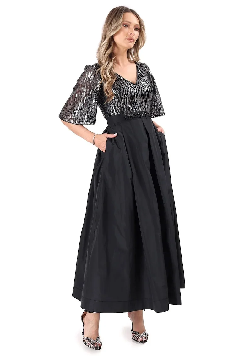 Rochie lunga de cocktail cu bust din paiete si fusta de tafta R9P-7Q, Negru