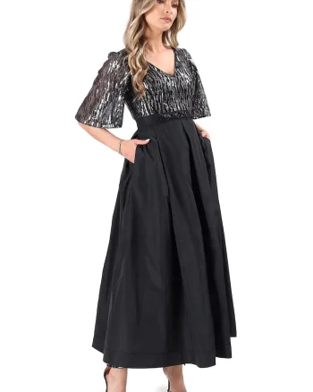Rochie lunga de cocktail cu bust din paiete si fusta de tafta R9P-7Q, Negru