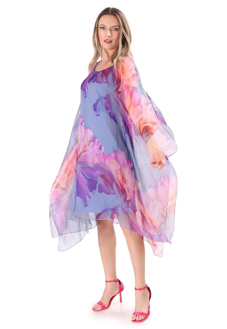 Rochie fluture din voal de matase naturala imprimata cu motive florale RXG-YB, Albastru deschis