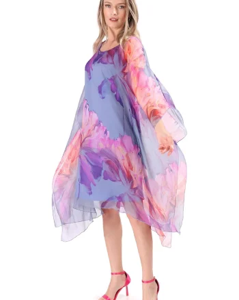 Rochie fluture din voal de matase naturala imprimata cu motive florale RXG-YB, Albastru deschis