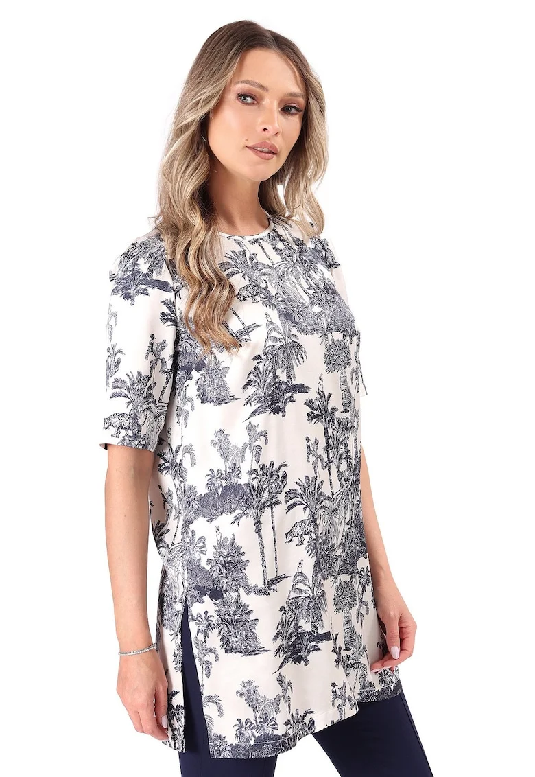 Bluza lunga din satin de viscoza imprimata BHL-NC, Bleumarin