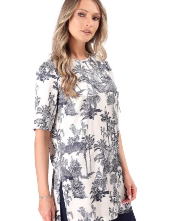 Bluza lunga din satin de viscoza imprimata BHL-NC, Bleumarin