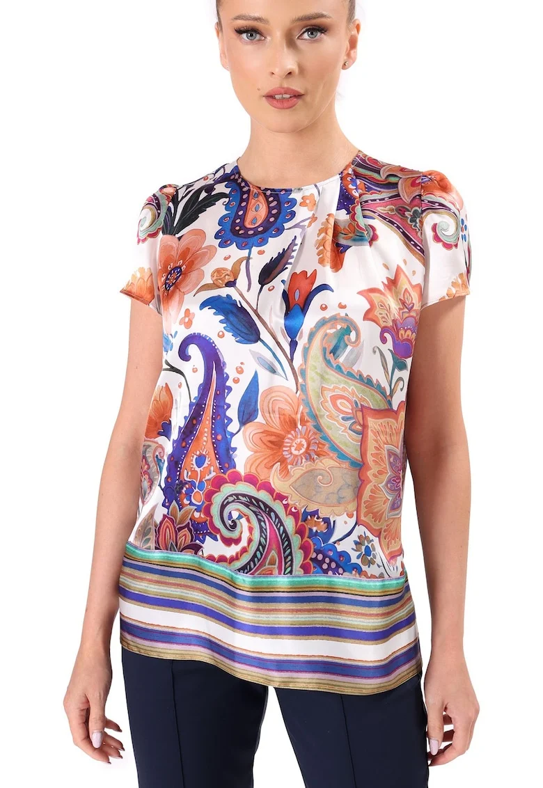 Bluza eleganta din matase naturala imprimata cu motive paisley BYX-C5, Bej