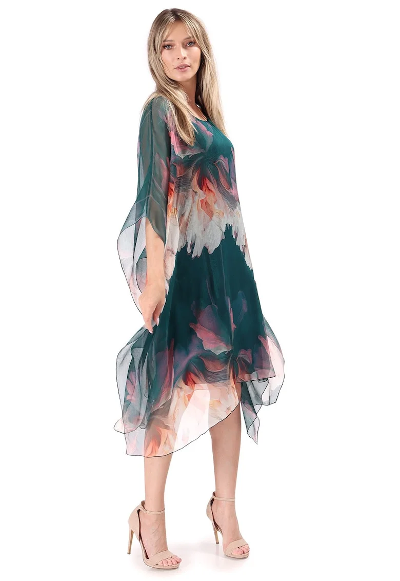 Rochie fluture din voal de matase naturala imprimata cu motive florale RXG-YB, Verde smarald