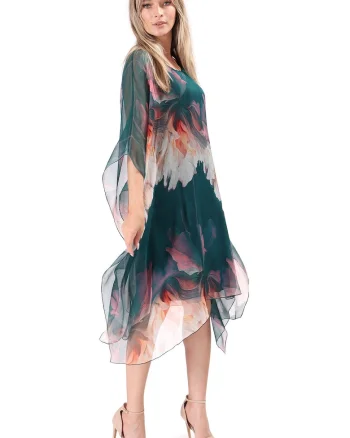 Rochie fluture din voal de matase naturala imprimata cu motive florale RXG-YB, Verde smarald