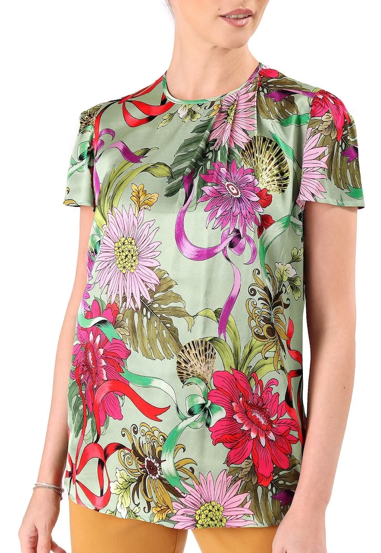 Bluza eleganta din viscoza satinata imprimata cu motive florale BYX-B3, Verde