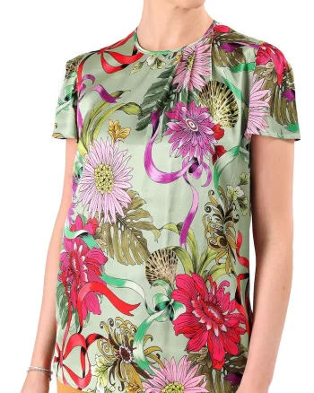 Bluza eleganta din viscoza satinata imprimata cu motive florale BYX-B3, Verde