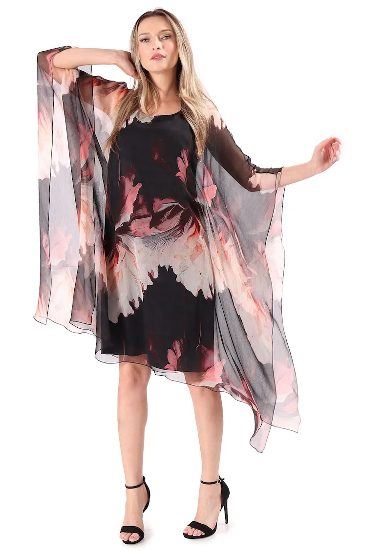Rochie fluture din voal de matase naturala imprimata cu motive florale RXG-YB, Negru