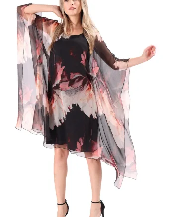 Rochie fluture din voal de matase naturala imprimata cu motive florale RXG-YB, Negru