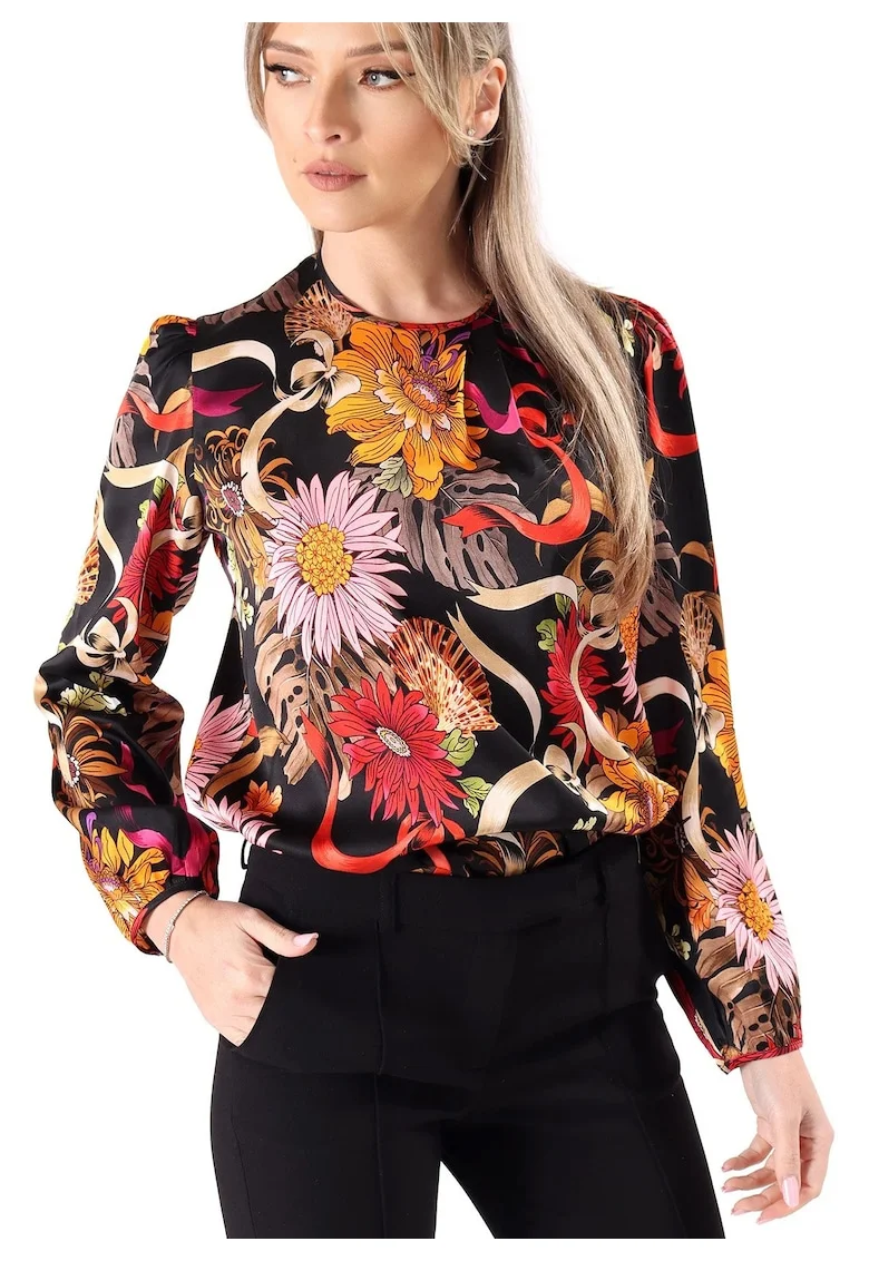 Bluza eleganta din viscoza satinata imprimata cu motive florale BYX-B3, Negru