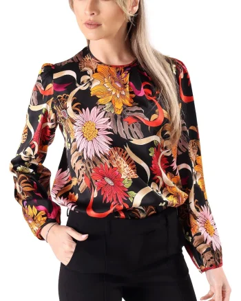 Bluza eleganta din viscoza satinata imprimata cu motive florale BYX-B3, Negru