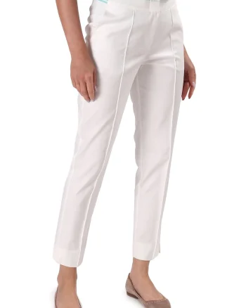 Pantaloni eleganti din bumbac elastic cu banda elastica decorativa P3J-PI, Alb