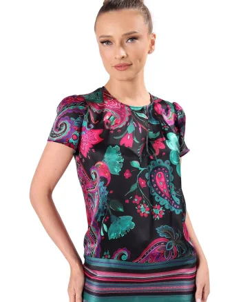 Bluza eleganta din matase naturala imprimata cu motive paisley BYX-C5, Turcoaz