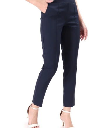 Pantaloni eleganti din bumbac elastic cu banda elastica decorativa P3J-PI, Bleumarin