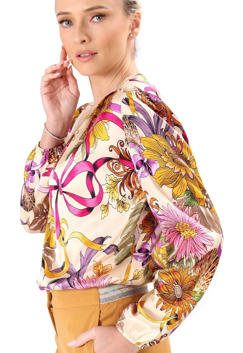 Bluza eleganta din viscoza satinata imprimata cu motive florale BYX-B3, Bej