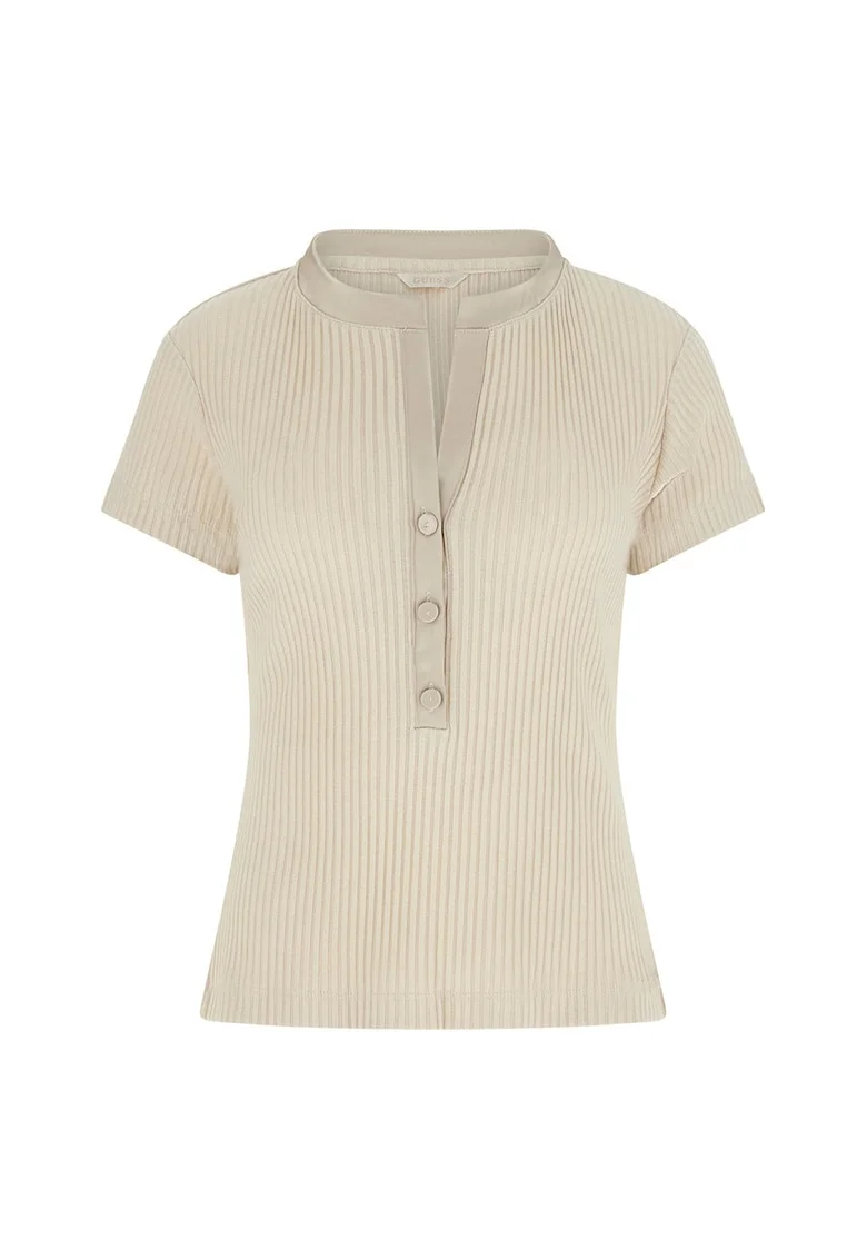 Tricou striat cu fenta cu nasturi, Maro nisip