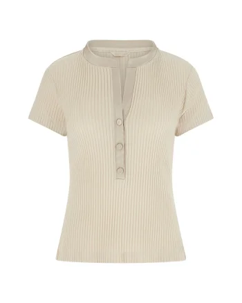 Tricou striat cu fenta cu nasturi, Maro nisip