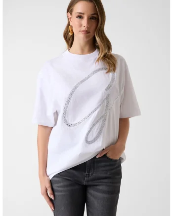 Tricou supradimensionat cu imprimeu monograma si aplicatii din strasuri, Alb optic/Argintiu