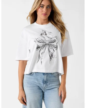 Tricou crop cu imprimeu, Alb