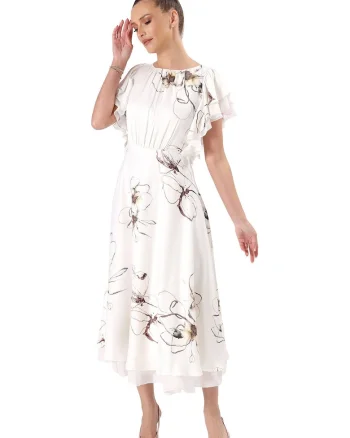 Rochie midi eleganta din viscoza satinata imprimata cu motive florale R5G-LK, Alb fildes